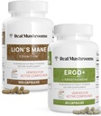 Rigtige svampe Ergothioneine (60ct) og Lions Mane (300ct) Bundle med shiitake og Oyster Mushroom Ekstrakter - Longevity and Cognition - Vegan, Gluten Free, Non- GMO - Naturlig støtte til sund aldring