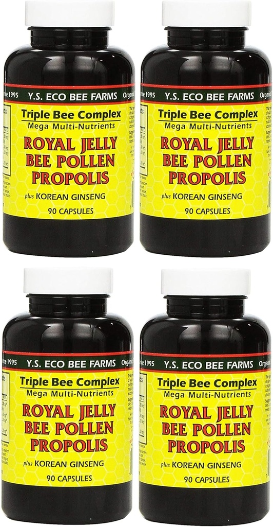 Y.S. Eco Bee Farms, (4 Pack) Royal Jelly, Bee Pollen, Propolis, Plus koreansk Ginseng, 90 Kapsler