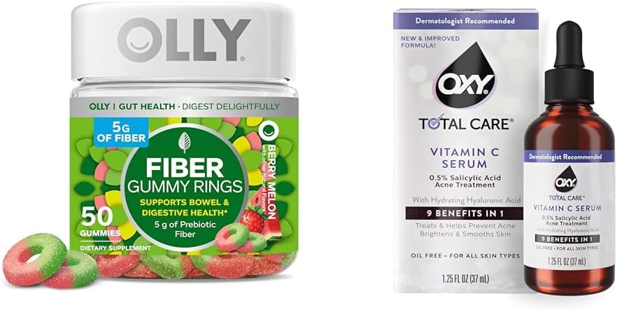 OLLY Fiber Gummy ringe 50ct + Oxy Total Care Hydrating Vitamin C Serum til fordøjelsesstøtte, lysere hud