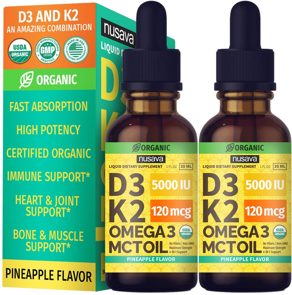 (2 Pack) Organic Vitamin D3 K2 dråber med MCT Oil Omega 3, Maksimum Styrke Vitamin D Væske 5000 IE, Ingen Fylder, Non- GMO Væske D3 til Hurtigere Absorption og immunforsvar (Ananas, 2 Fl Oz)