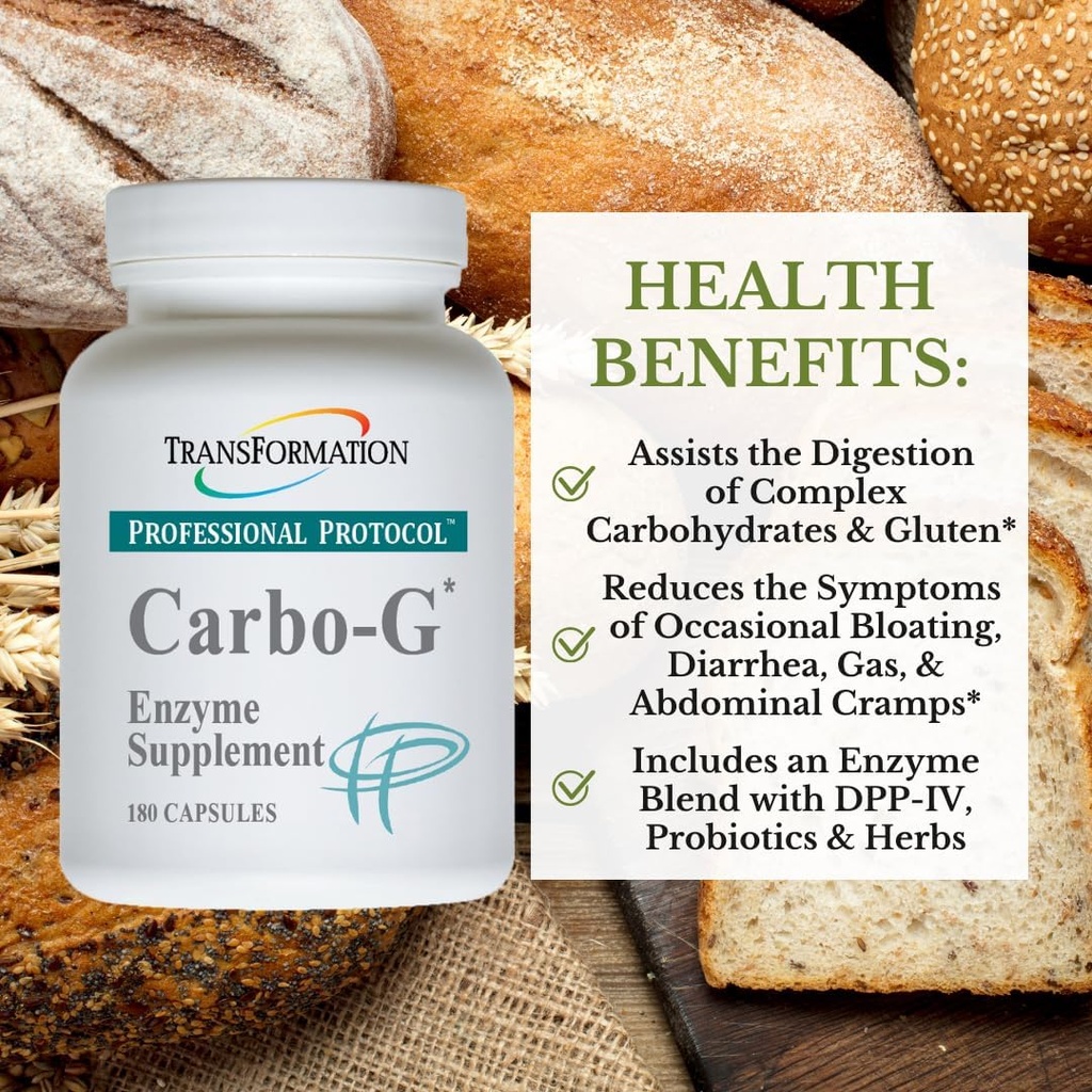 TRANSFORMATION THE GENESIS OF GOOD HEALTH Enzymes Carbo-G High Potency Enzyme Blend Formula Supplement with Probiotics & Herbs, for Carbohydrate Breakdown, Nutrient Absorption, 180 Capsules