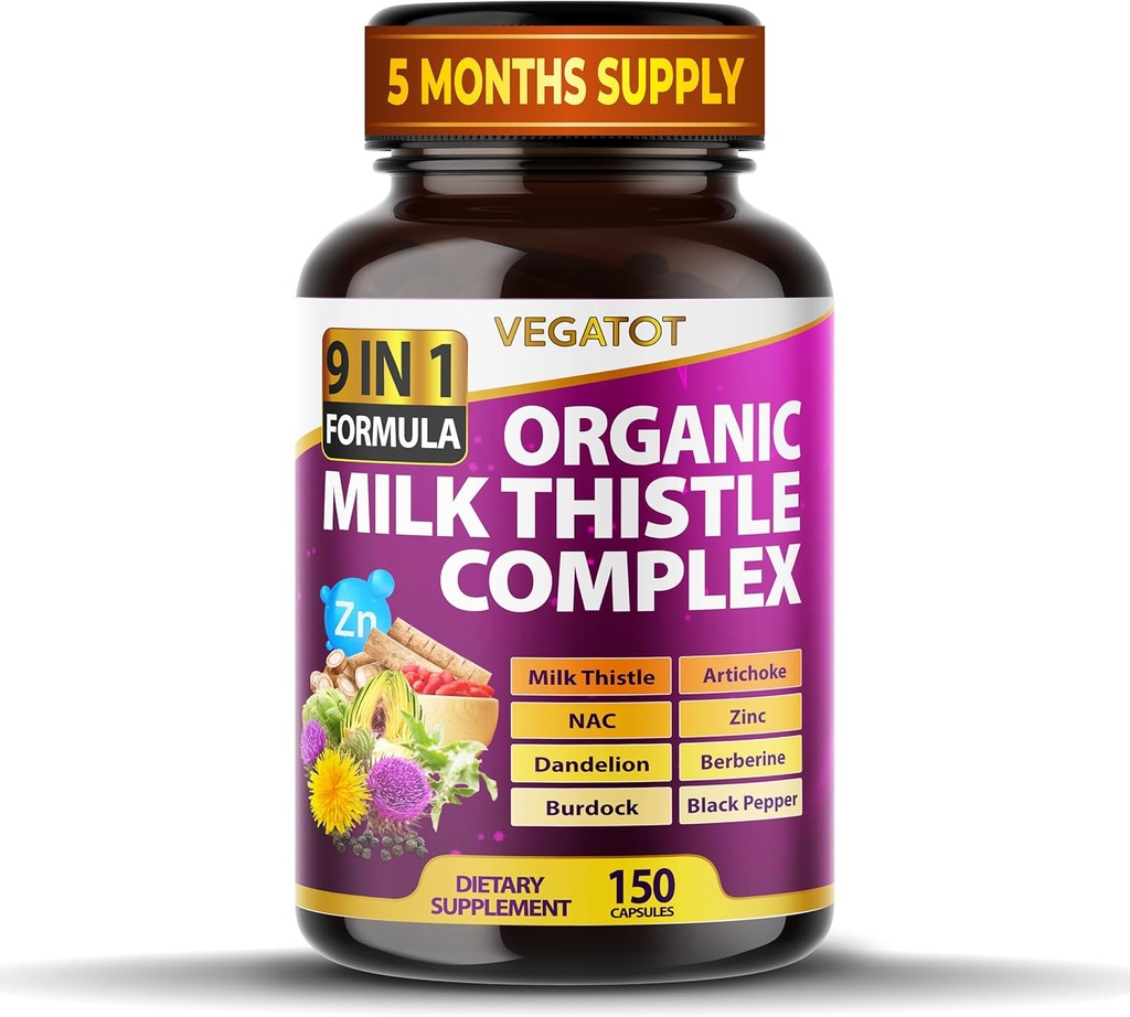 VEGATOT Organic Milk Thistle Complex 9 in 1 Formel - med Milk Thistle Artiskoke NAC Zink Mælkebøtte Berberine Burdock Black Pepper (150 greve (pakke med 1))