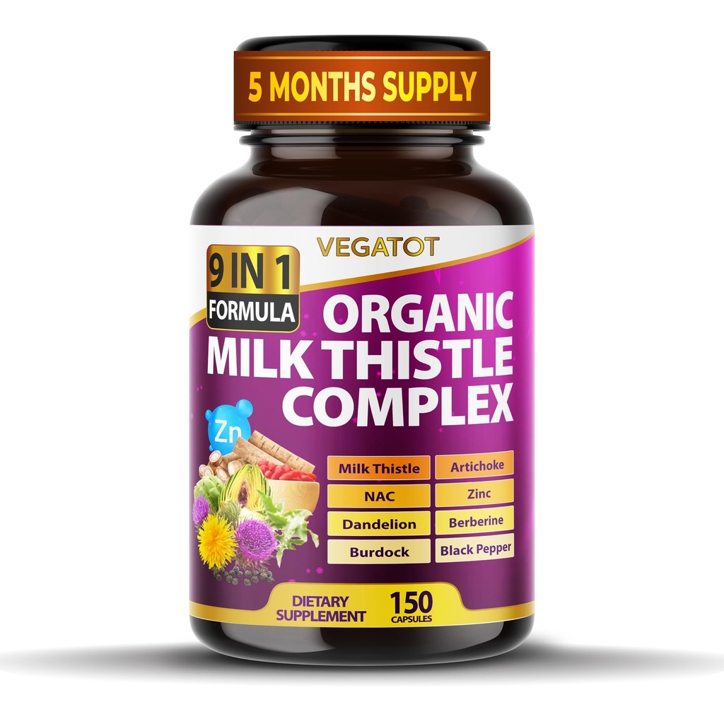 VEGATOT Organic Milk Thistle Complex 9 in 1 Formel - med Milk Thistle Artiskoke NAC Zink Mælkebøtte Berberine Burdock Black Pepper (150 greve (pakke med 1))