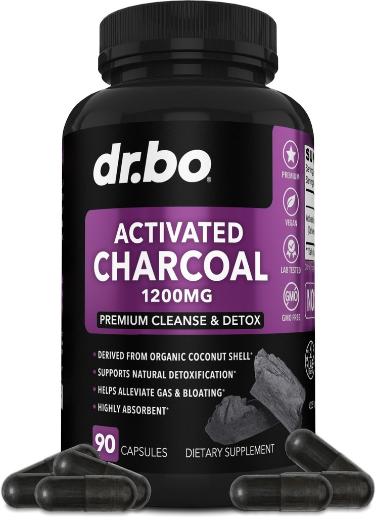 Aktiveret kul kapsler Rense Detox - 1200mg Økologisk kokos kul piller til Mave Gas og Bloating Relief for Mænd Kvinder Kids - Aktive kapsler Pulver Binder Aktiveret Kokosolie piller til Gut