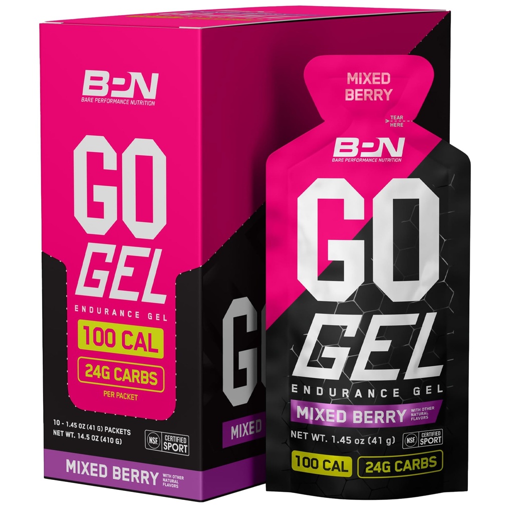 BARE YDEEVNE NETRITION, BPN Go Gel Endurance, 24g Kulhydrater & 100 kalorier per pakke, Vegan + Gluten Free Running Gel, 10 Single-Serving Packs, Blandet Berry