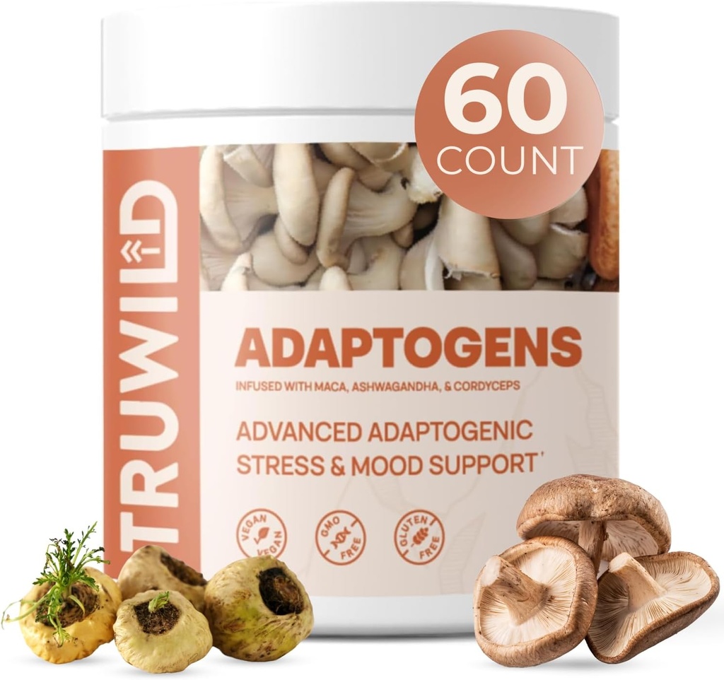 TruWild Adaptogen Blend med Cordyceps Maca Ashwagandha - Fuld Spectrum Mushroom Blend til daglig support og funktion, Alle naturlige formel med 7 nøgleingredienser, 60 kapsler
