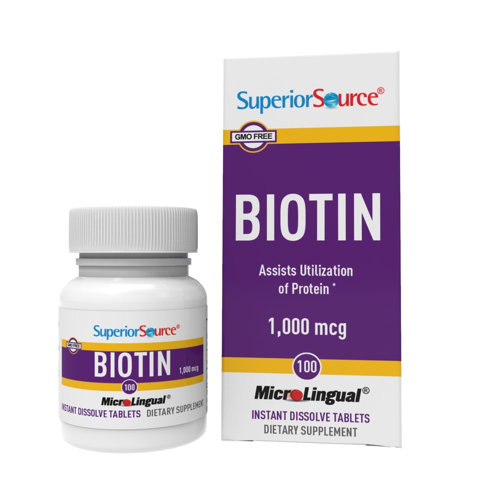 Superior Source Biotin 1000 mcg. Under Tongue Quick Opløs MicroLingual Tablets, 100 Greve, Understøtter sundt hår, hud, og nail vækst, Hjælper støtte energi Metabolisme, Non- GMO