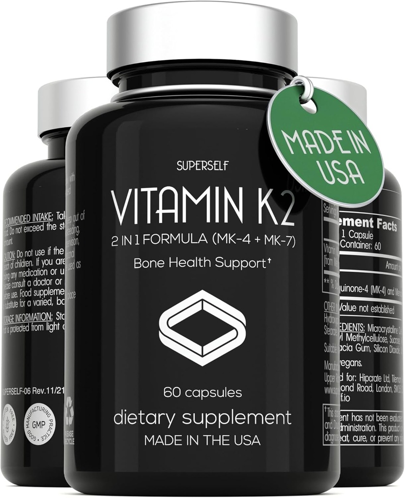 Vitamin K2 kapsler 100 mcg - Vitamin K Complex MK- 7 & MK- 4- 60 kapsler - VIT K2 2 i 1 Formel høj styrke supplement MK7 MK4 - Made in USA - Vegan & Non- GMO