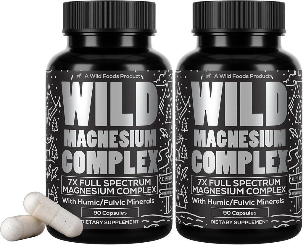 Wild Foods Magnesium Complex Supplement med 7X Forms Medical 124; High Absorption, Full Spectrum, Easy fordøjelse Medical 124; 500mg Glycinate, Bisglycinate, Malate, Oroter, Citrate, Taurate Medical 124; 90 Capsule (pakning med 3)