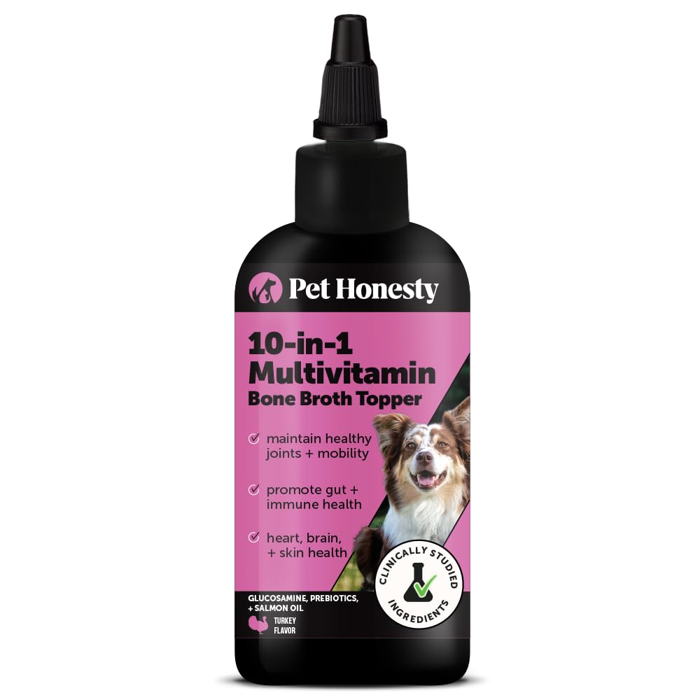 Hund Multivitamin supplement med lakseolie til hunde - Allergi Itch Relief, fordøjelse, hud & Coat Sundhed, flydende supplement - Hund mad Topper Bone Broth med Prebiotika (12 oz)