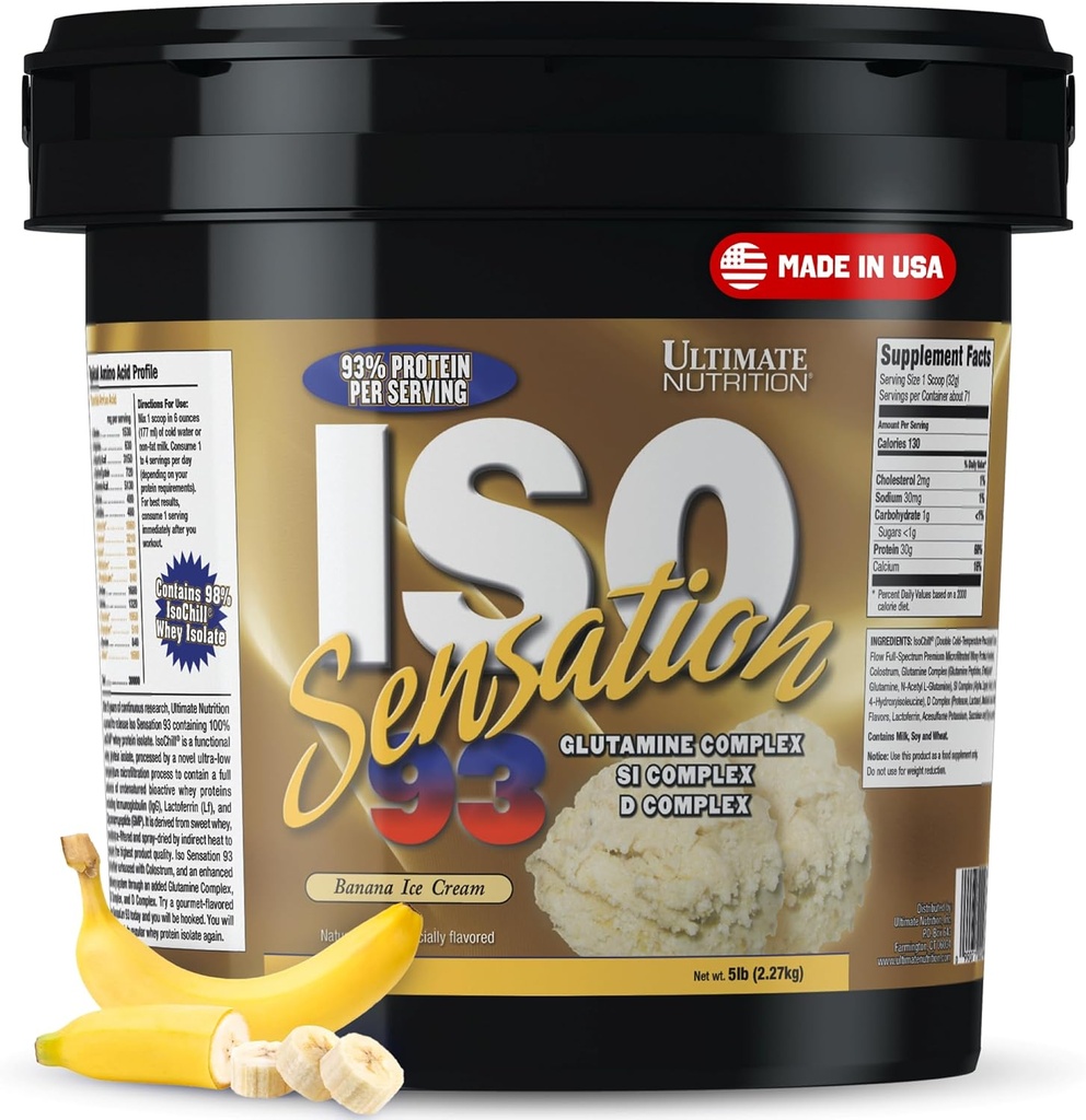 Ultimate Nutrition Whey Protein Isolate Powder med Glutamin Complex, ISO Sensation 93 - Whey Protein Powder med Tilføjet Colostrum til forbedret inddrivelse, Immunitet & Gut Health - Banana, 5lbs