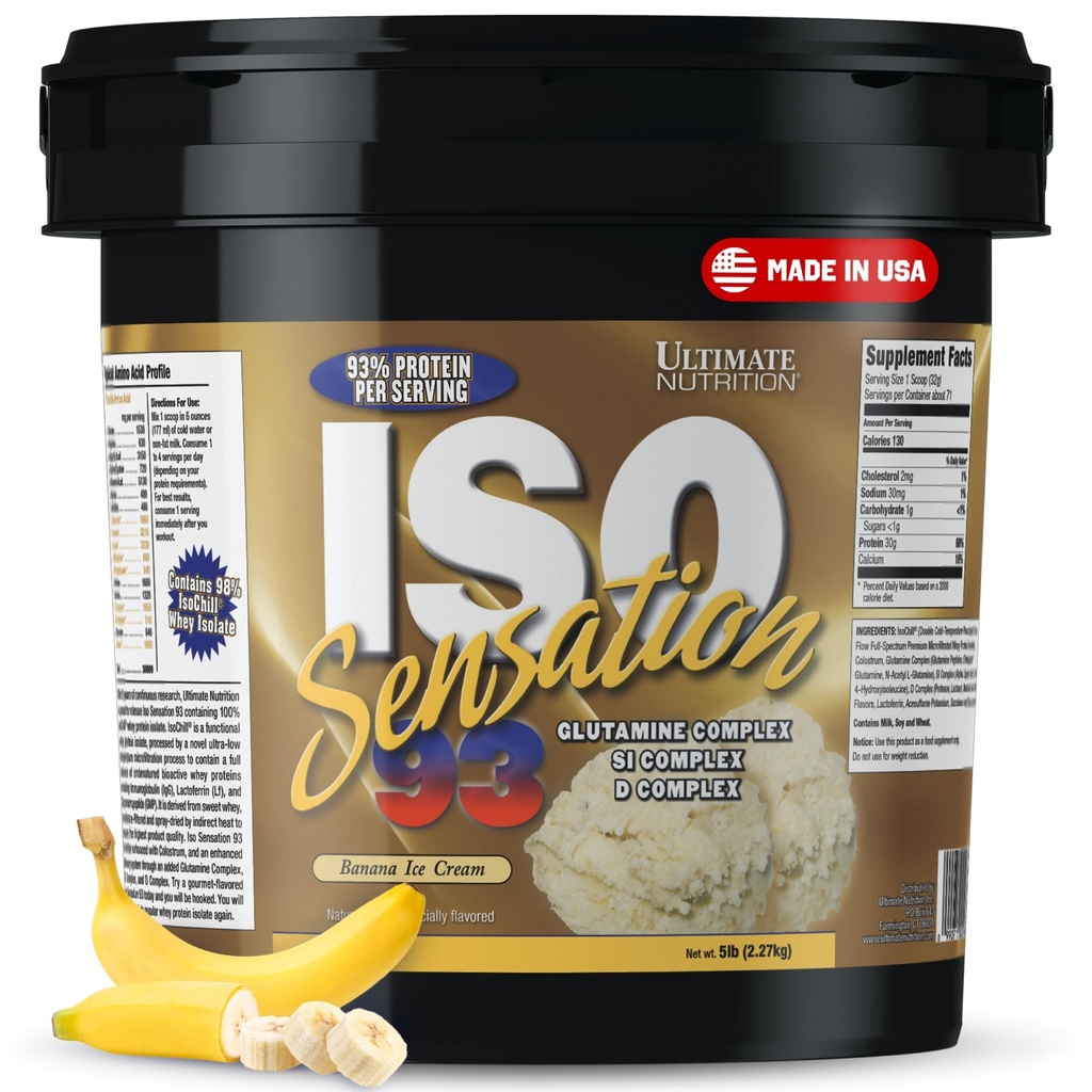 Ultimate Nutrition Whey Protein Isolate Powder med Glutamin Complex, ISO Sensation 93 - Whey Protein Powder med Tilføjet Colostrum til forbedret inddrivelse, Immunitet & Gut Health - Banana, 5lbs