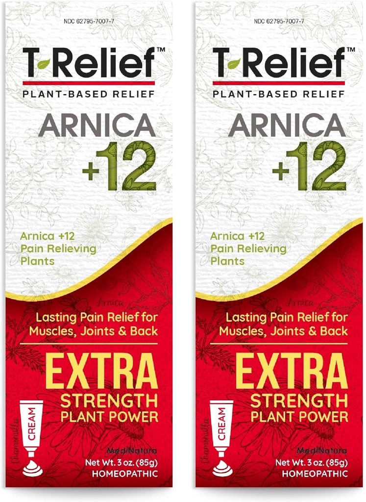 MediNatura T- Relief Extra Strength Cream Arnica + 12 Natural Reliving Actives for Ryg Smerte Fælles ømhed Muskel Aches & Stifness, Hele kroppen hurtigt fungerende Relief for kvinder og mænd - 3 oz (2 Pack)