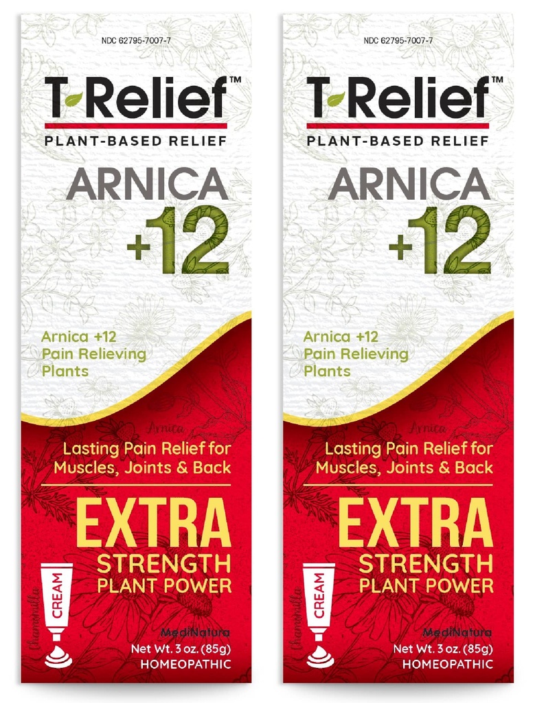 MediNatura T- Relief Extra Strength Cream Arnica + 12 Natural Reliving Actives for Ryg Smerte Fælles ømhed Muskel Aches & Stifness, Hele kroppen hurtigt fungerende Relief for kvinder og mænd - 3 oz (2 Pack)