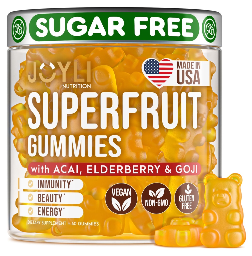 Joyli Superfruit Gummies - Sugar- Free Fruit Multivitamin Gummies for Voksne - Natural Gummy Vitamin for Kvinder & Mænd med Goji, Elderberry, Vitamin A, C, D & E - Understøtter Immunitet, Fordøjelse & Energi