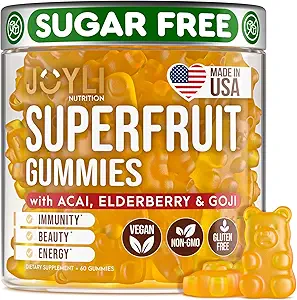Joyli Superfruit Gummies - Sugar- Free Fruit Multivitamin Gummies for Voksne - Natural Gummy Vitamin for Kvinder & Mænd med Goji, Elderberry, Vitamin A, C, D & E - Understøtter Immunitet, Fordøjelse & Energi