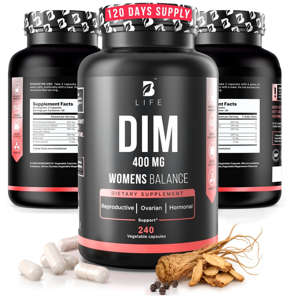 DIM tillæg 400 mg med Myo & D- Chiro Inositol, Dong Quai - PCOS tillæg - Hormonbalance for kvinder - Fertilitet tillæg - Inositol tillæg - 240 Caps