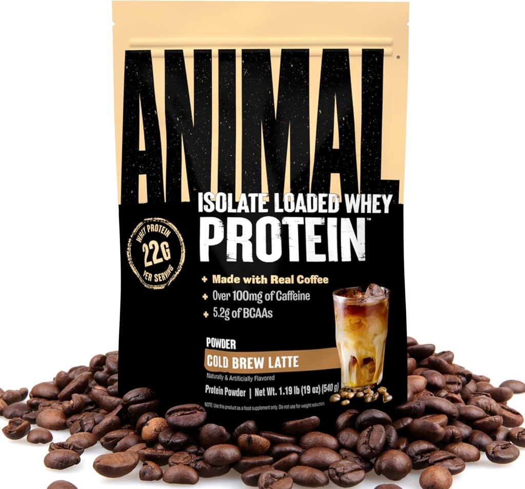 Animal Whey Protein Coffee Powder, Indlæst med 22g protein, 100 mg koffein, og BCAA for Pre & Post Workout Muscle Builder Inddrivelse med fordøjelsesmæssige enzymer til mænd og kvinder, Cold Brew Latte, 1 LB