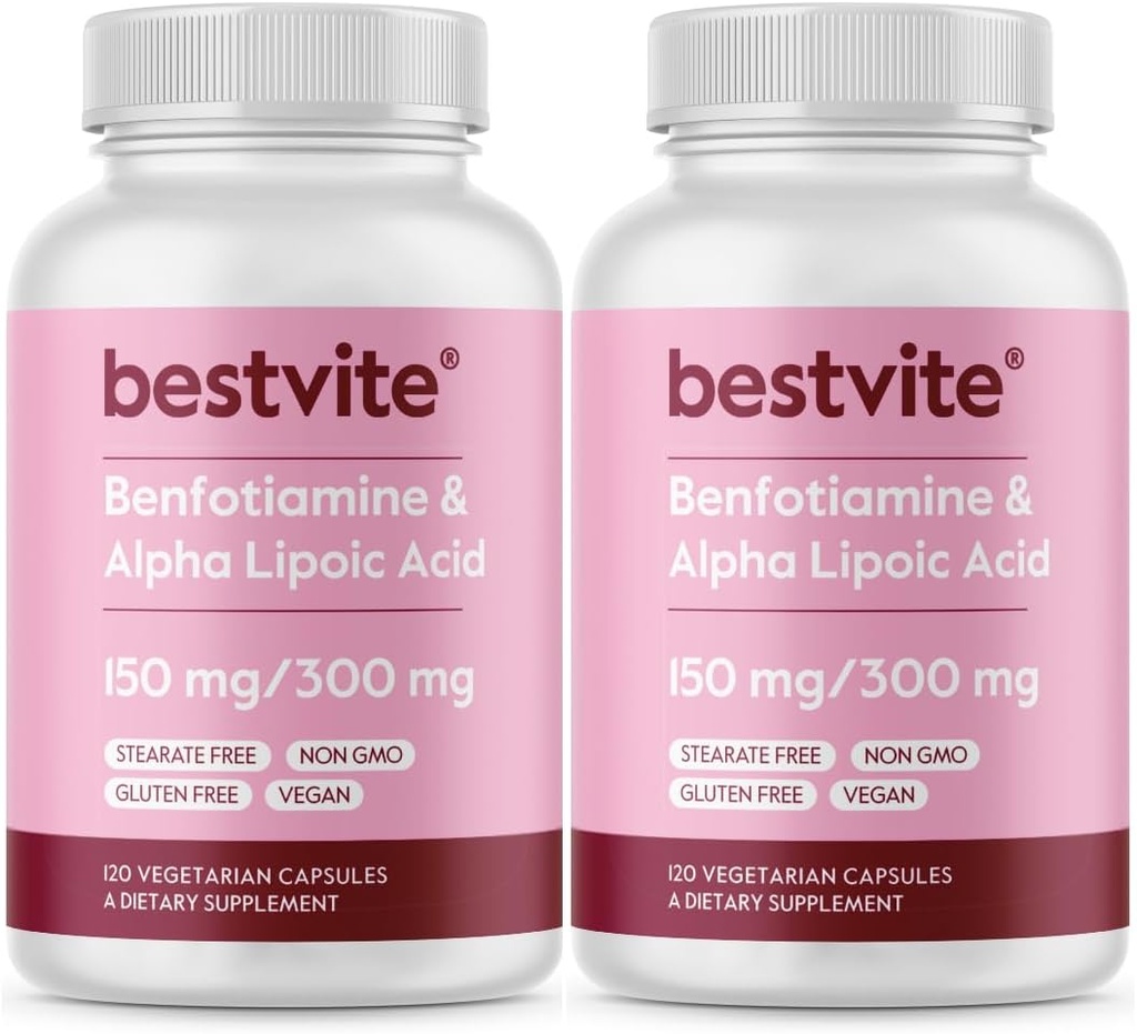 Benfotiamin 150mg / Alpha lipoinsyre 300mg (240 vegetariske kapsler) (120x2) - Ingen stearater - Vegan - Gluten Free - Ikke GMO