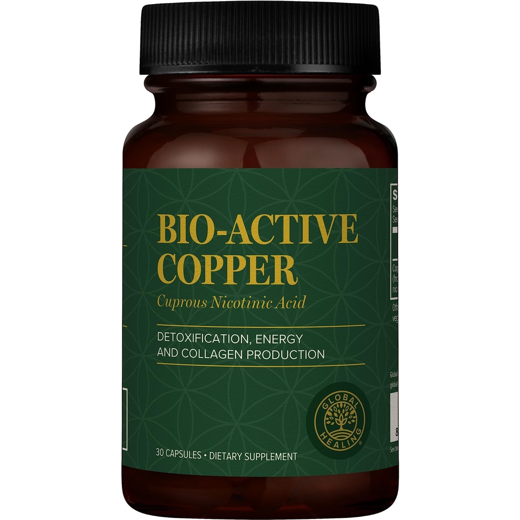 Global Healing Bio- Active Copper Supplement Cu1 - Cuprous Nicotinsyre Hjælper Detox Krop indefra - Understøtter immunsystem & røde blodceller - Niacin Vitamin B3 Chelated kobber - 30 kapsler