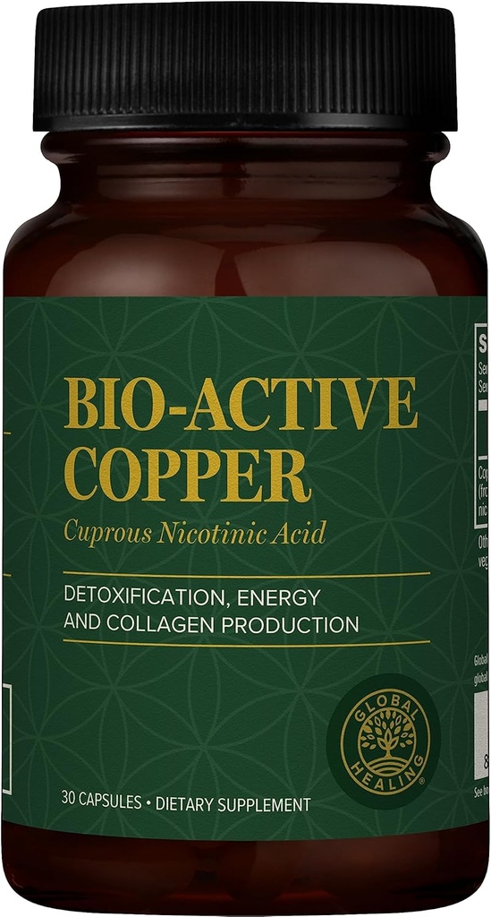 Global Healing Bio- Active Copper Supplement Cu1 - Cuprous Nicotinsyre Hjælper Detox Krop indefra - Understøtter immunsystem & røde blodceller - Niacin Vitamin B3 Chelated kobber - 30 kapsler