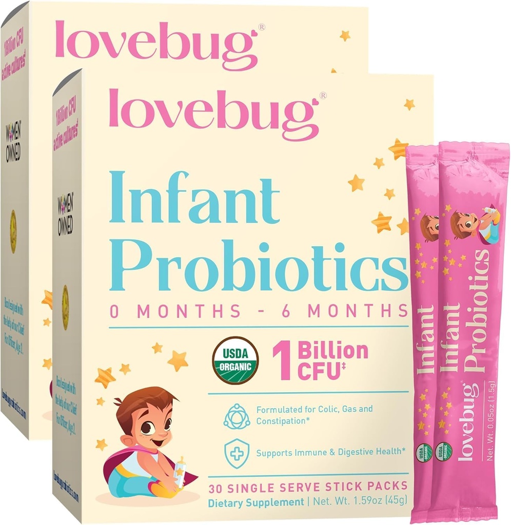 LOVEBUG Infant Probiotika 0-6 Måneder - USDA Organic Probiotika til Babyer, Understøtter Baby Gas, Kolik, Diarré og Newborn Forstoppelse Relief, Allergen & Sugar Free, Tastless Powder, 60 Pack