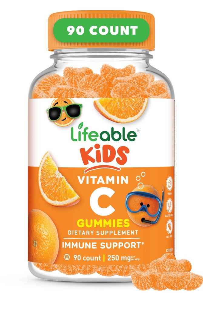 Lifeable Kids Vitamin C Gummies • 124; 250 mg • 124; Great Tasting VIT C • 124; Vegan GMO- Free Vitamin C Chewable • 124; for immunforsvar • 124; 90 Gummies