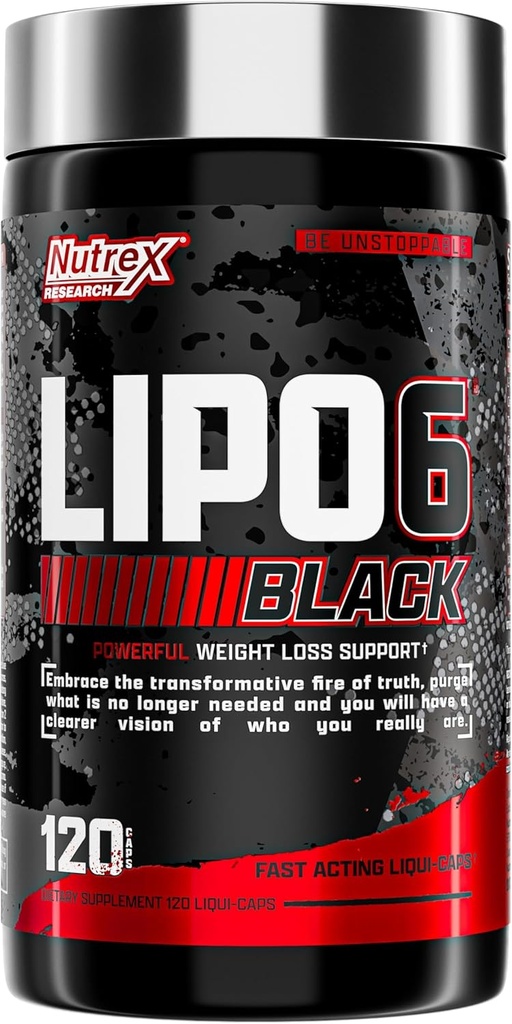 Nutrex Lipo- 6 Black Max Strength Fat Burner - Hurtig fungerende energi, vægttab kost piller - Appetite suppressant, Metabolisme Booster - 120 kapsler