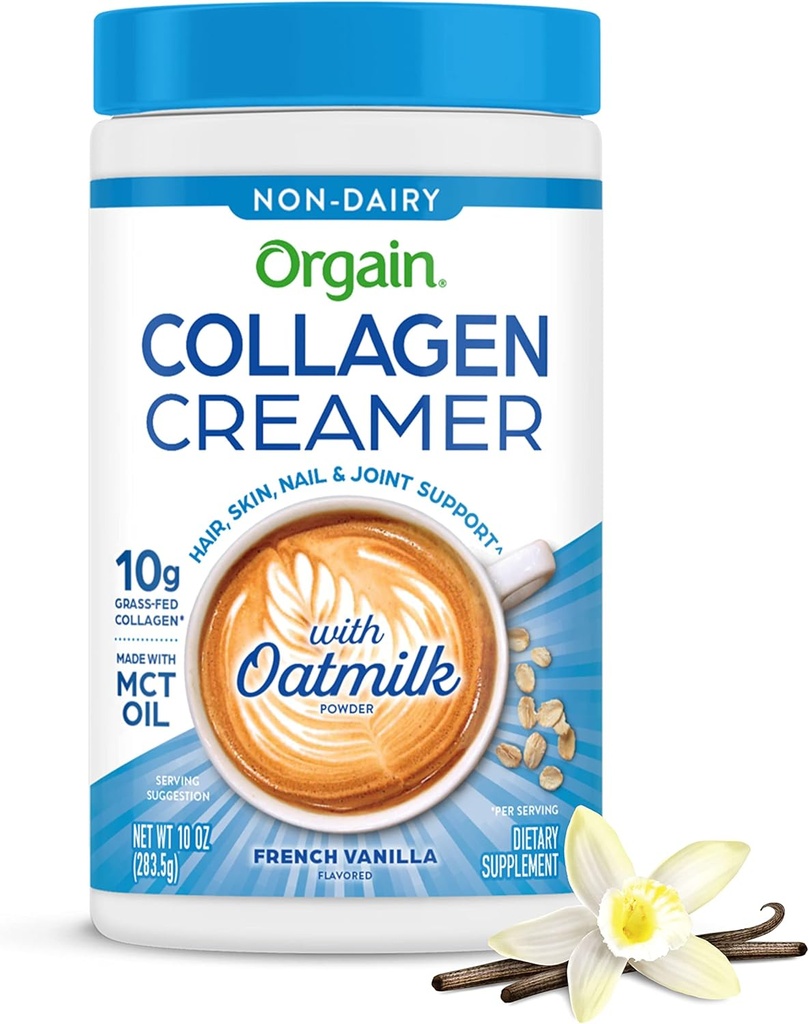 Orgain Collagen Coffee Creamer, 10g Grass Fed Hydrolyzed Collagen Peptider, Fransk Vanilla - Med økologisk havrepulver, kokosolie, MCT olie, Avocado olie, hår, hud, negle, & fælles støtte - 10oz