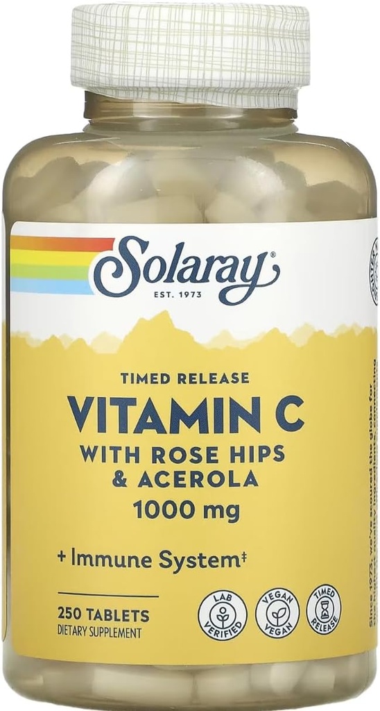 SOLARAY Timet Release C-vitamin med Rose HIPS & Acerola, 1000 mg, 250 tabletter
