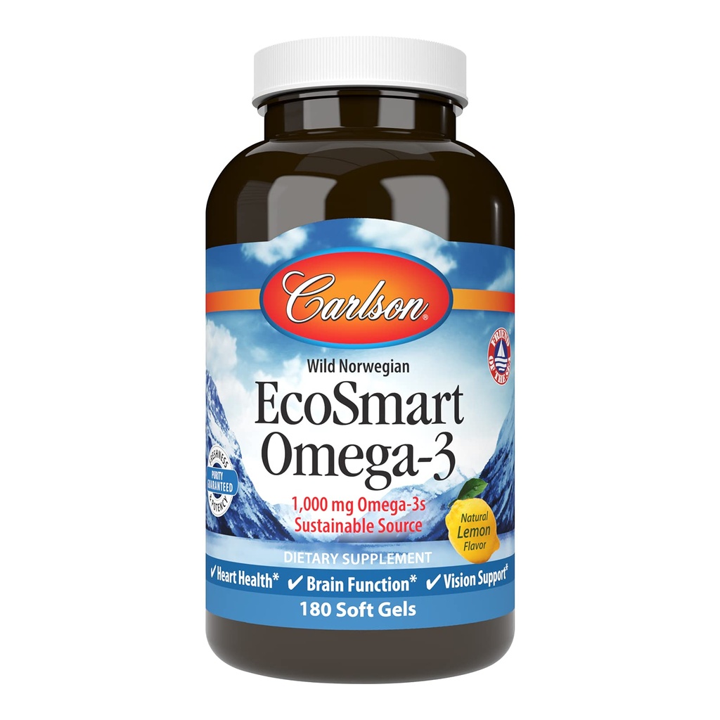 Carlson - EcoSmart Omega-3, 1000 mg Omega- 3s, Sustainable Source, Heart Health, Brain Function & Vision Support, Lemon, 180 Softgels