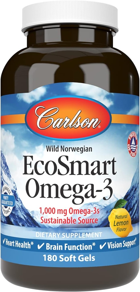 Carlson - EcoSmart Omega-3, 1000 mg Omega- 3s, Sustainable Source, Heart Health, Brain Function & Vision Support, Lemon, 180 Softgels