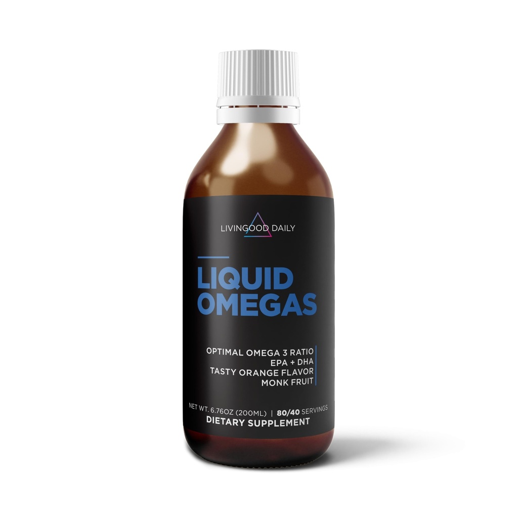 Livingood Daily Liquid Omega 3 Fish Oil, EPA & DHA tillæg med Monk Fruit & Orange Flavor, Understøtter hjerte, Joint & Brain Health, Fish Oil for mænd & kvinder, Ikke GMO, Gluten Free, 200 ML, 40 Servere