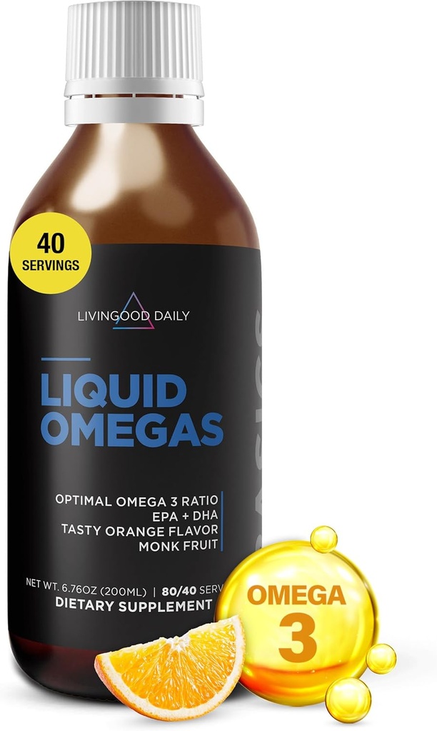 Livingood Daily Liquid Omega 3 Fish Oil, EPA & DHA tillæg med Monk Fruit & Orange Flavor, Understøtter hjerte, Joint & Brain Health, Fish Oil for mænd & kvinder, Ikke GMO, Gluten Free, 200 ML, 40 Servere