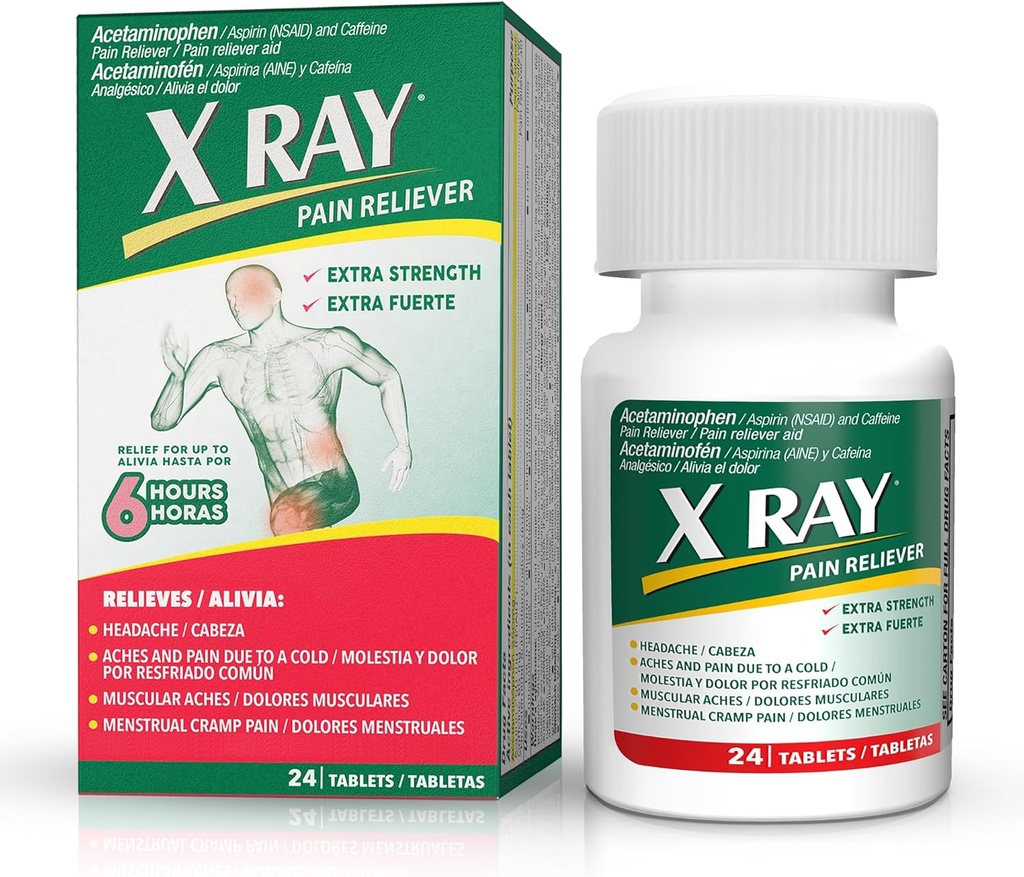 X RAY Extra Strength Pain Reliever: Acetaminophen 500 mg, Aspirin, Koffein - 24 tabletter Hver, Potent Formel for Migræne, Hovedpine, og Rygsmerter Relief, Reducerer inflammation