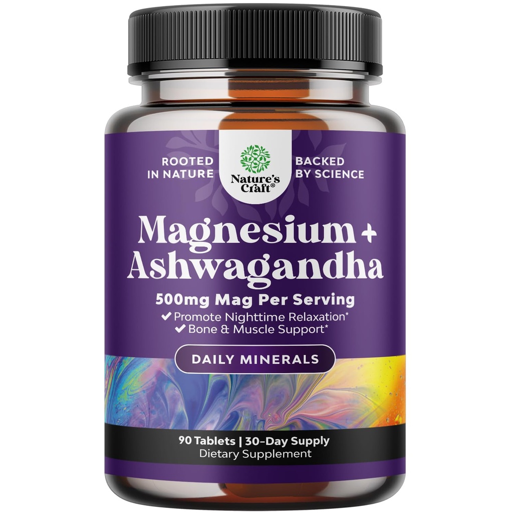 Ren rolig afslapning Magnesium Glycinat supplement med Ashwagandha - Magnesium til stress support & hvile ease for voksne - Høj Absorption tabletter til ben støtte & muskelkramper - 90 Tæl