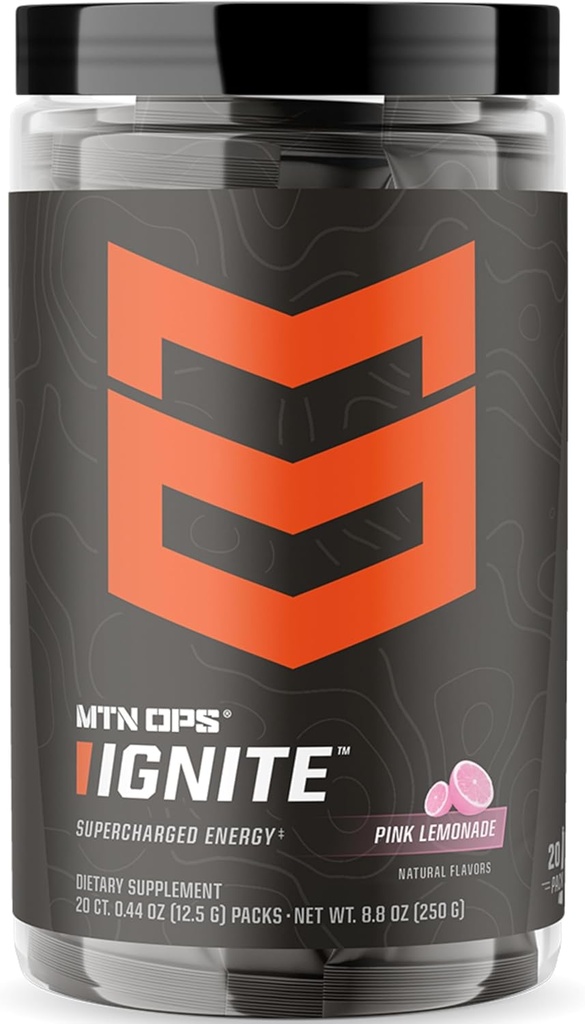MTN OPS Ignite Trail Packs Energy Drink Powder, Gluten Free Nootrop Supplement Drink Mix, L Arginin, L Citrullin, Koffein & Nootrop Sugar Free Drink Mix, 20 Servere, Pink Lemonade
