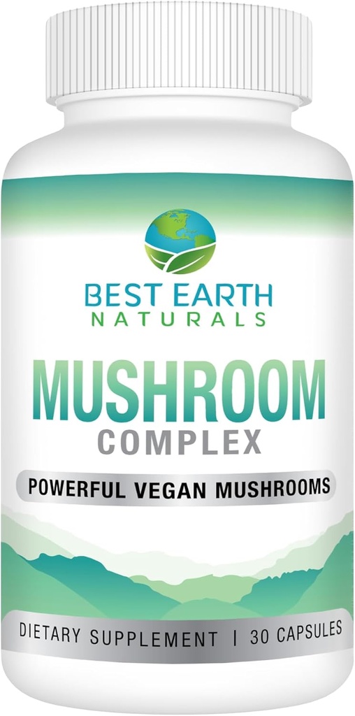Best Earth Naturals Vegan Mushroom Complex Supplement for Energy, Clarity & Cognitive - Immunity Support w / Lion 's Mane, Reishi, Chaga, Maitake & Shiitake 30 Day Supply (30 kapsler)