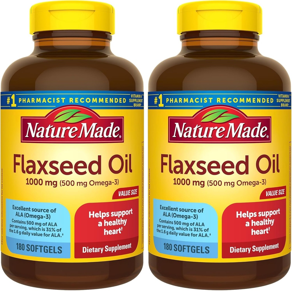 Nature Made Flaxsee Oil 1000 mg, Kosttilskud til Heart Health Support, 180 Softgels (pakke med 2)