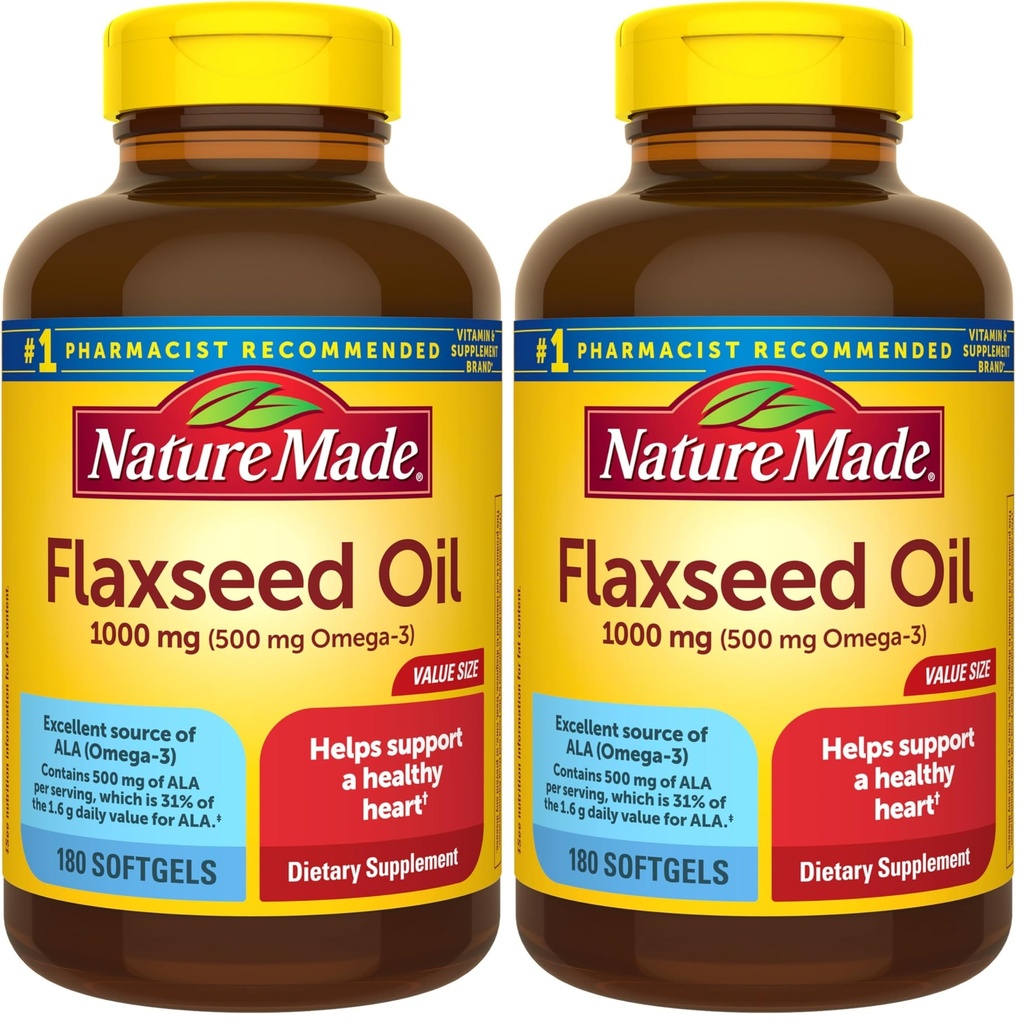 Nature Made Flaxsee Oil 1000 mg, Kosttilskud til Heart Health Support, 180 Softgels (pakke med 2)