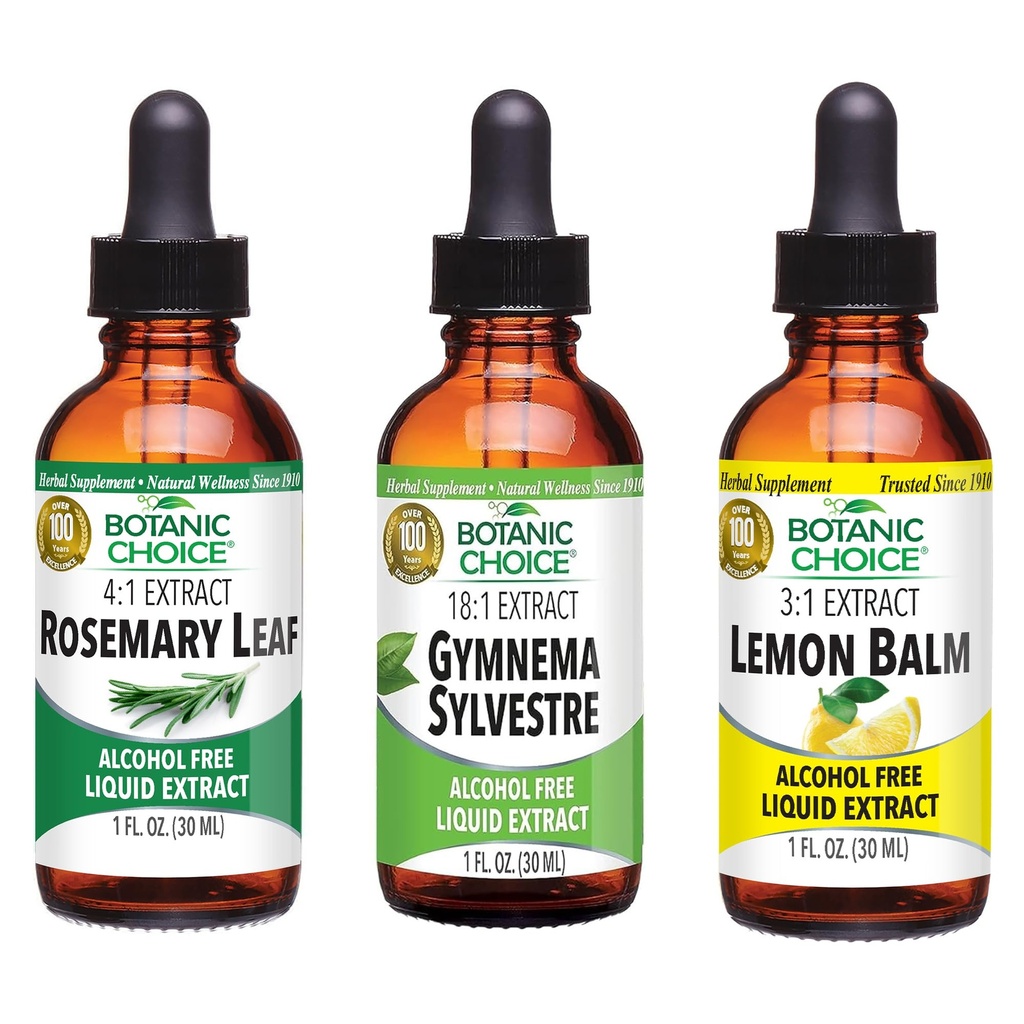 Botanic Choice Lemon Balm, Rosemary Leaf, & Gymnema Sylvestre Ekstrakter Bundle - Daglig Samlet Wellness Kit til Balanceret søvn, immunsystem Boost, bedre fokus, & forbedret Wellbeing (1 fl. Oz. Hver)
