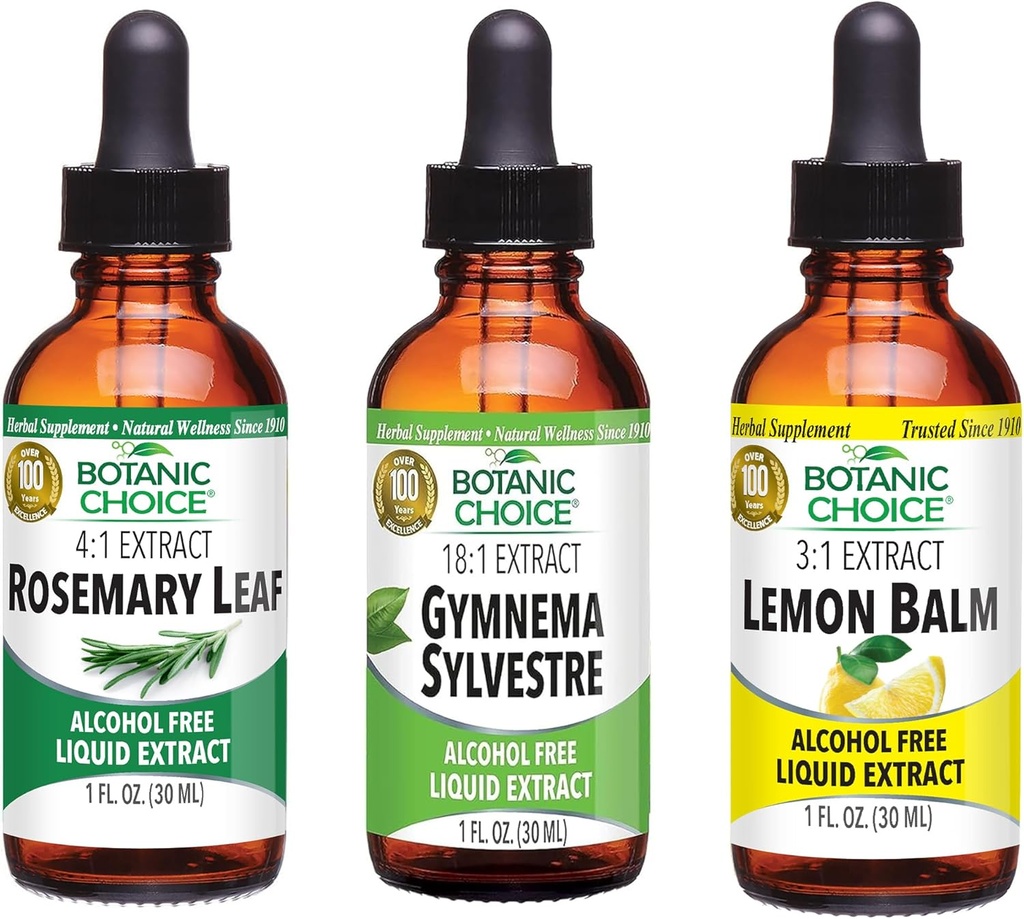 Botanic Choice Lemon Balm, Rosemary Leaf, & Gymnema Sylvestre Ekstrakter Bundle - Daglig Samlet Wellness Kit til Balanceret søvn, immunsystem Boost, bedre fokus, & forbedret Wellbeing (1 fl. Oz. Hver)