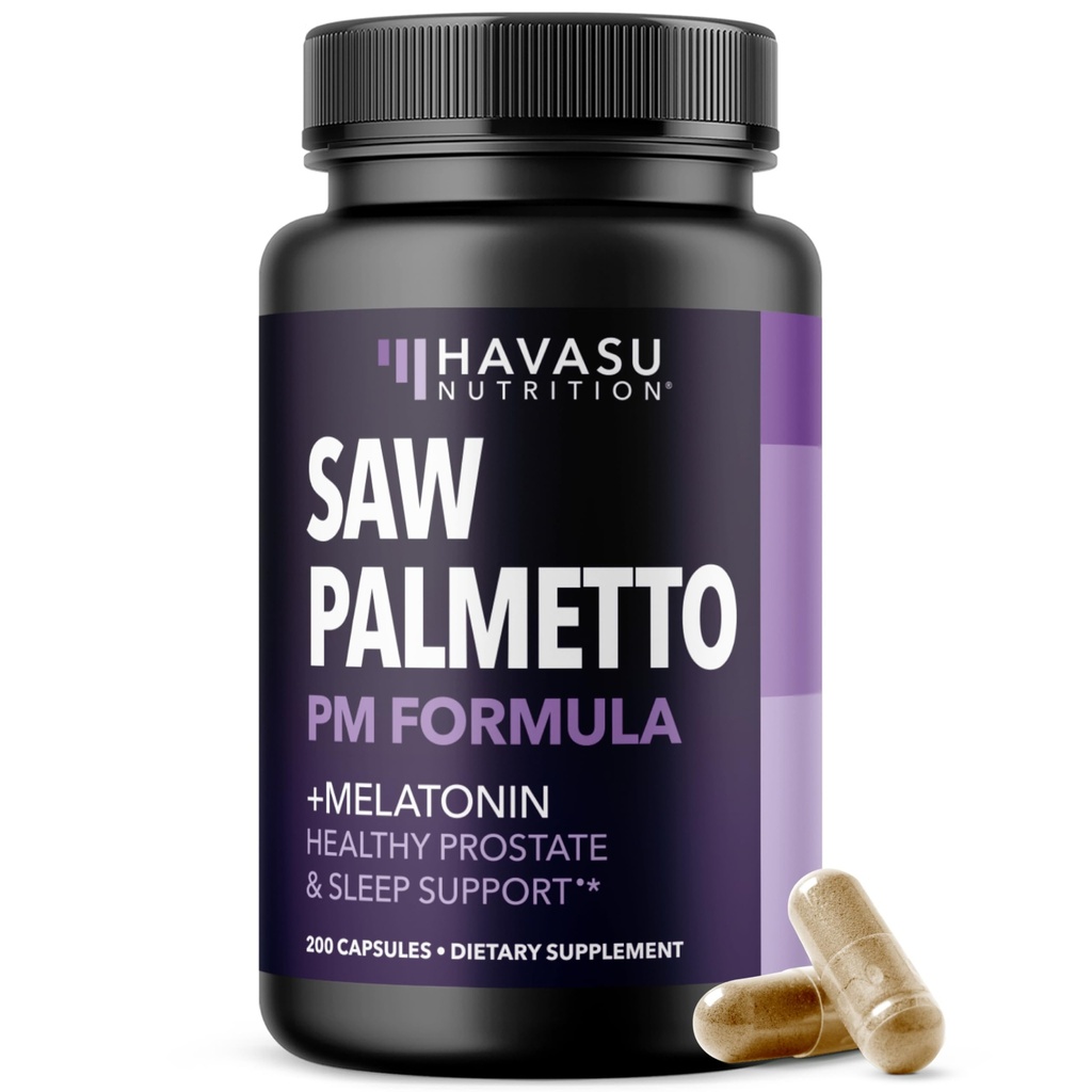 Saw Palmetto PM for mænd med Melatonin 3 mg - Night Time Prostata Health Supplement for Brege and Sleep Support - Reducer vandladningshyppigheden - 200 Greve - Vegan, non-GMO kapsler - Over 6 Måned Supply