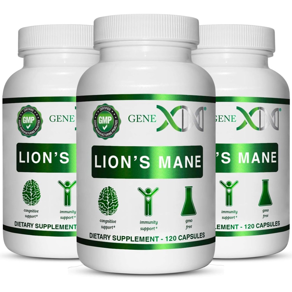 Genex Formulas Lions Mane Supplement med 100% Lions Mane Extract (3 Pack) - Nootropics Brain Support Supplement for Brain Boost, Focus, Mental Clarity, Natural Energy, 1000mg / servering - (360 kapsler)