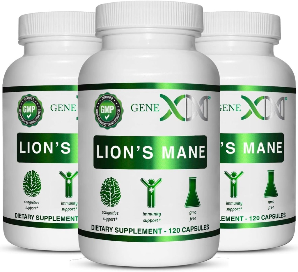 Genex Formulas Lions Mane Supplement med 100% Lions Mane Extract (3 Pack) - Nootropics Brain Support Supplement for Brain Boost, Focus, Mental Clarity, Natural Energy, 1000mg / servering - (360 kapsler)