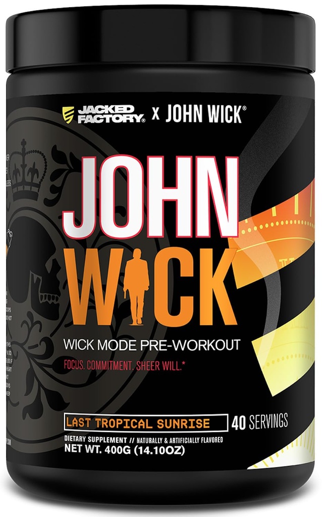 Jacked Factory X John Wick - Wick Mode Pre Workout Powder - Intense Energy, Battle- Ready Focus, Ustoppelig forpligtelse, og Sheer Will - 40 Serveringer, Sidste Tropical Sunrise