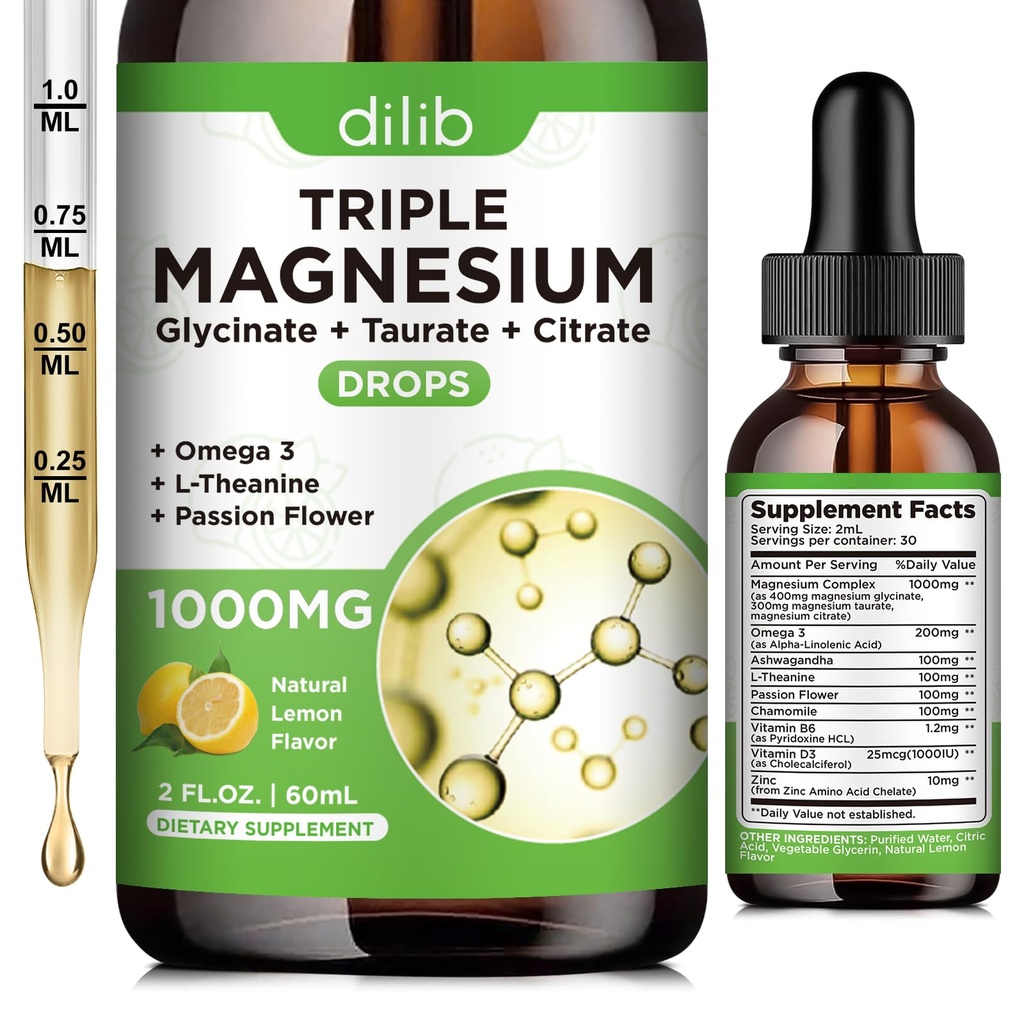 Flydende Magnesium Glycinat Supplement 1000mg, Calm Magnesium Citrat, Taurate Drops med Omega 3, Zink, Ashwagandha, L- Theanine, Kamille til søvn, Mood, Stress Relief, Ben, Muskel, Lemon Flavor