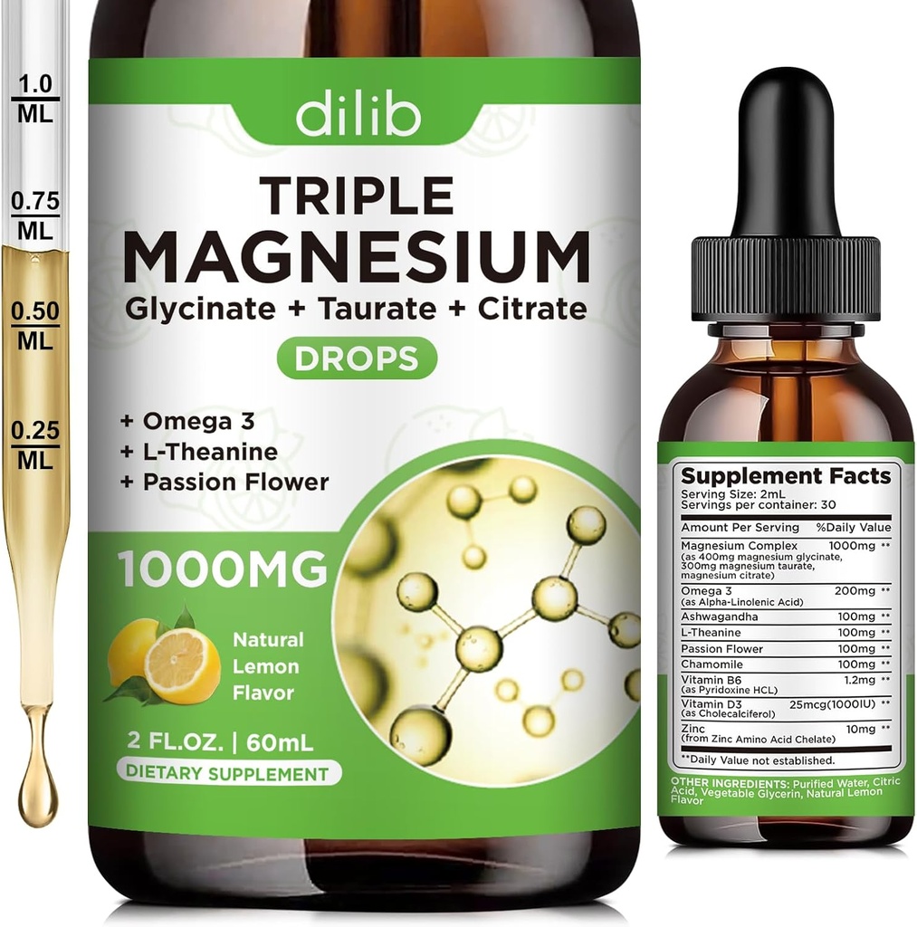 Liquid Magnesium Glycinate Supplement 1000mg, Calm Magnesium Citrate, Taurate Drops with Omega 3, Zinc, Ashwagandha, L-Theanine, Chamomile for Sleep, Mood, Stress Relief, Bone, Muscle, Lemon Flavor