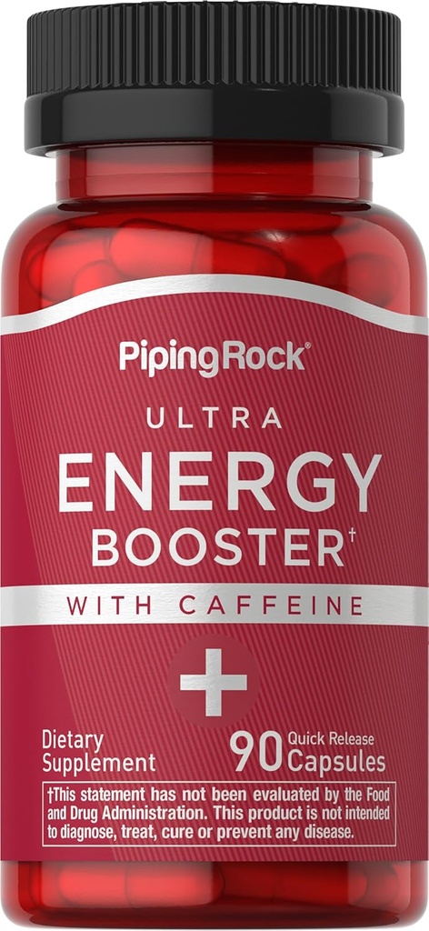 Piping Rock Energy Supplement med Koffein; 90 Kapsler • 124; Quick Release Energy Booster Pills • 124; Non- GMO, Gluten Free Formel