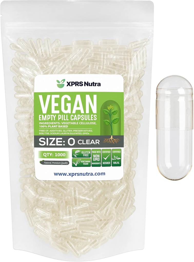 XPRS Nutra Størrelse 0 Tomme kapsler - 1000 Tomme Veganske kapsler - Vegetariske piller - selv vegetabilsk kapsel Fyldning - Veggie Pill Caps til Do- It- Yourself Kosttilskud